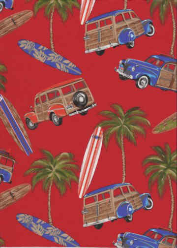 40muku woodies, woody's, surfboards & palmtrees, apparel cotton Hawaiian vintage style fabric.