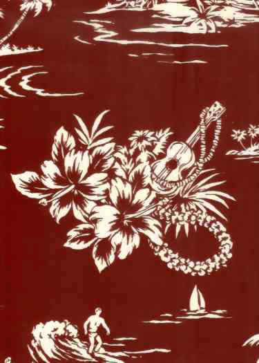 40peka red &white. Palm Trees, surfers, leis & hibiscus  on cotton broadcloth apparel fabric. Apparel cotton Hawaiian vintage style fabric.
