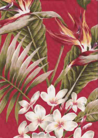 40pali cherry, Hibiscus, plumeria, bird of paradise & Orchid flowers
 		cotton non-upholstery barkcloth fabric