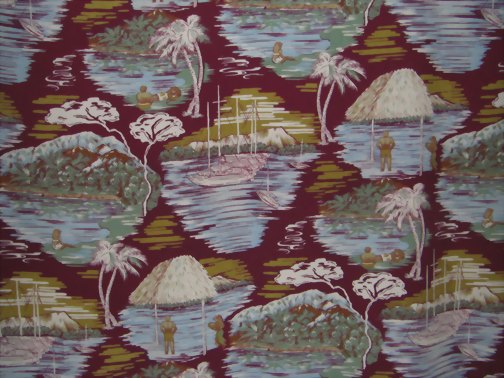 40hiapo hula, landscape, apparel rayon, Hawaiian vintage style fabric
