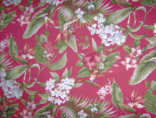 40pali cherry, Hibiscus, plumeria, bird of paradise & Orchid flowers
 		cotton non-upholstery barkcloth fabric 