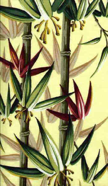 Hawaiian Fabric with bamboo on a yellow non-upholstery barkcloth