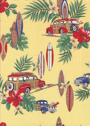 50mana'o Vintage Woody Trucks and surfboards on a natural apparel fabric, apparel cotton Hawaiian vintage style fabric.