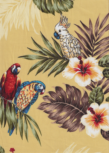 50pueo Tropical Hawaiian yellow,parots, hibiscus,birds, apparel cotton Hawaiian vintage style fabric.