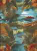 Diamond Head, Hula Huts and canoes on a teal cotton apparel fabric