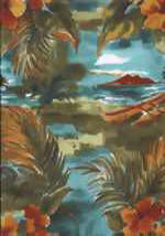 Diamond Head, Hula Huts and canoes on a teal cotton apparel fabric