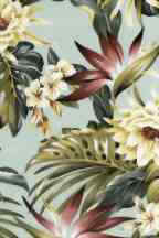Protea, Plumeria & Bird of Paradise on cotton broadcloth fabric. 
