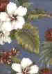 20lehua Tropical red lehua flowers on a blue barkcloth fabric.