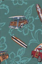 70kani Woody cars, surfboards, hibiscus, on cotton broadcloth apparel fabric.