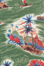 70kela Sailboats, Waikiki, Hawaiian ocean scenic view, palm trees on green rayon fabric. 