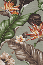 Kahua Sage Bird of paradise, plumeria, hibiscus, on a cotton upholstery fabric.
