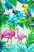 Flamingos and palm treeds on a cream cotton apparel fabric