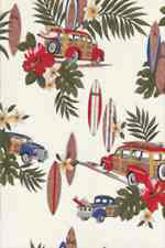 30manao Vintage Woody Trucks and surfboards on a natural apparel fabric