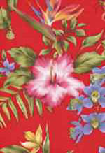 40nurie Hibiscus, bird of paradise https://www.barkclothhawaii.com/red2.html orchid  flowers - on a non-upholstery 
		cotton barkcloth fabric