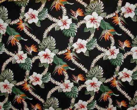Haumea Black Tropical Hawaiian orchid & plumeria flowers, nubby upholstery bark cloth fabric.
