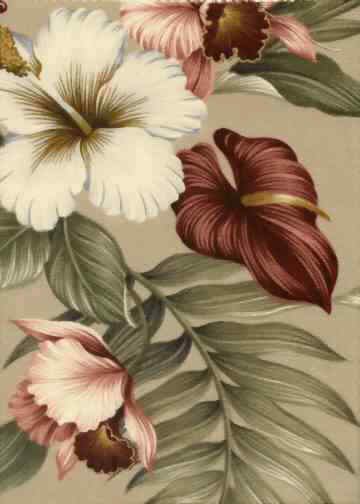 Molokai Taupe Tropical Anthurium, Orchids  &Hibiscus bark crepe bark cloth fabric.