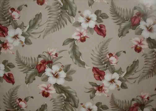 Molokai Taupe Tropical Botanical Vintage Hawaiian Fabric Anthurium, Orchids  & Hibiscus bark crepe bark cloth fabric.