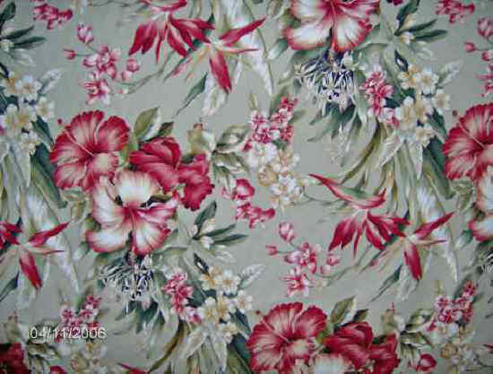 Ona Taupe Tropical Hawaiian Bird of Paradise & Orchid Flowers on nubby bark cloth fabric.
