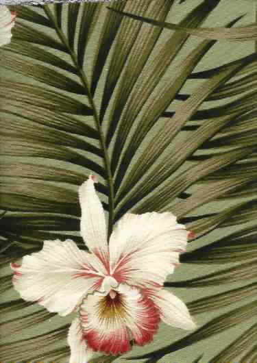 Fern Sage Tropical Botanical Vintage Hawaiian Fabric -  orchid & plumeria flowers, cotton barkcloth upholstery fabric.