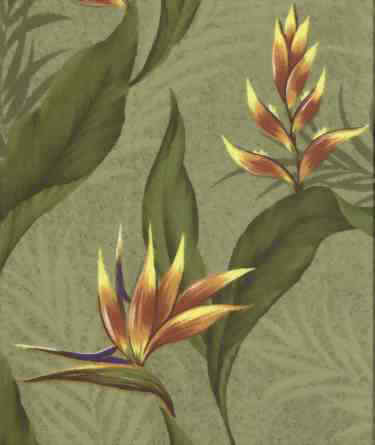 Heliconia & bird Of Paradise on bark crepe textured  bark cloth fabric