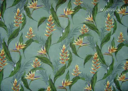 Mala Sage Tropical Hawaiian fabric. Heliconia, Bird Of Paradise upholstery fabric.