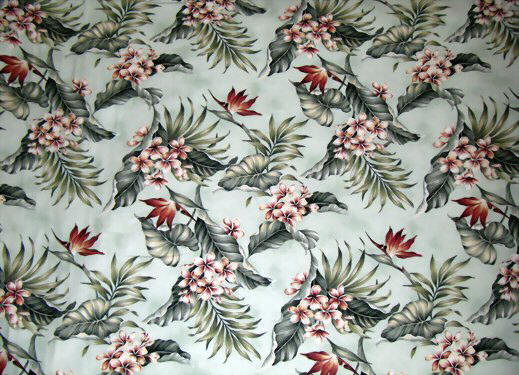 Ulele Mint Tropical Botanical Vintage Hawaiian Fabric Hawaiian Tropical Botanical Vintage Hawaiian Fabric Hawaiian Vintage Bird Of Paradise with Plumeria Flowers on upholstery or drapery fabric.