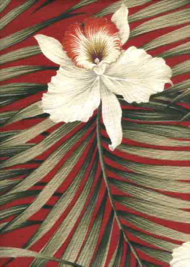 Fern Red Tropical Botanical Vintage Hawaiian Fabric -  orchid & plumeria flowers, cotton barkcloth upholstery fabric.