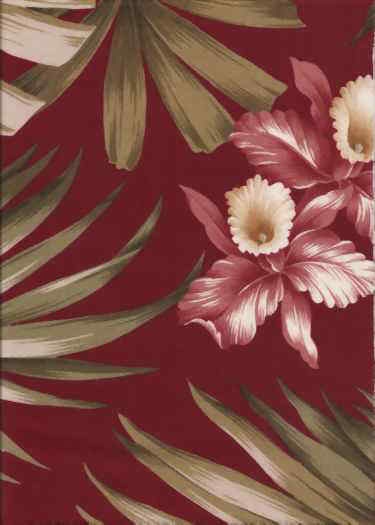 Kula Burgundy Tropical Hawaiian orchid flowers, cotton upholstery fabric.