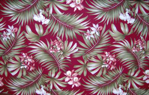 Kula Burgundy Tropical Hawaiian orchid flowers, cotton upholstery fabric.